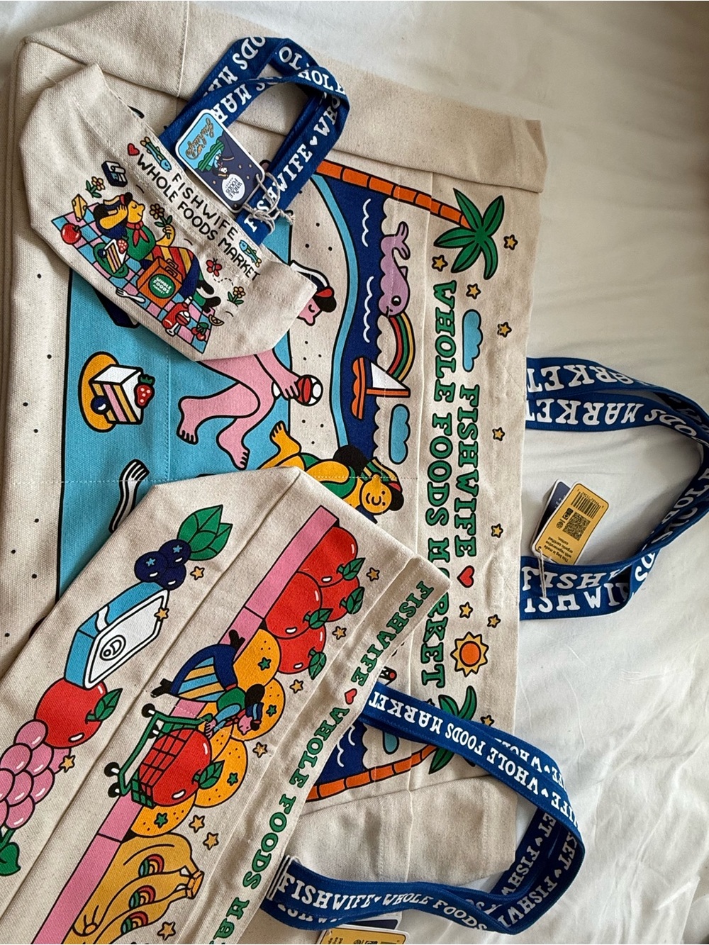 Fishwife x Whole Foods LARGE Canvas Tote Bag - Colorful Graphic (Blue Handles)